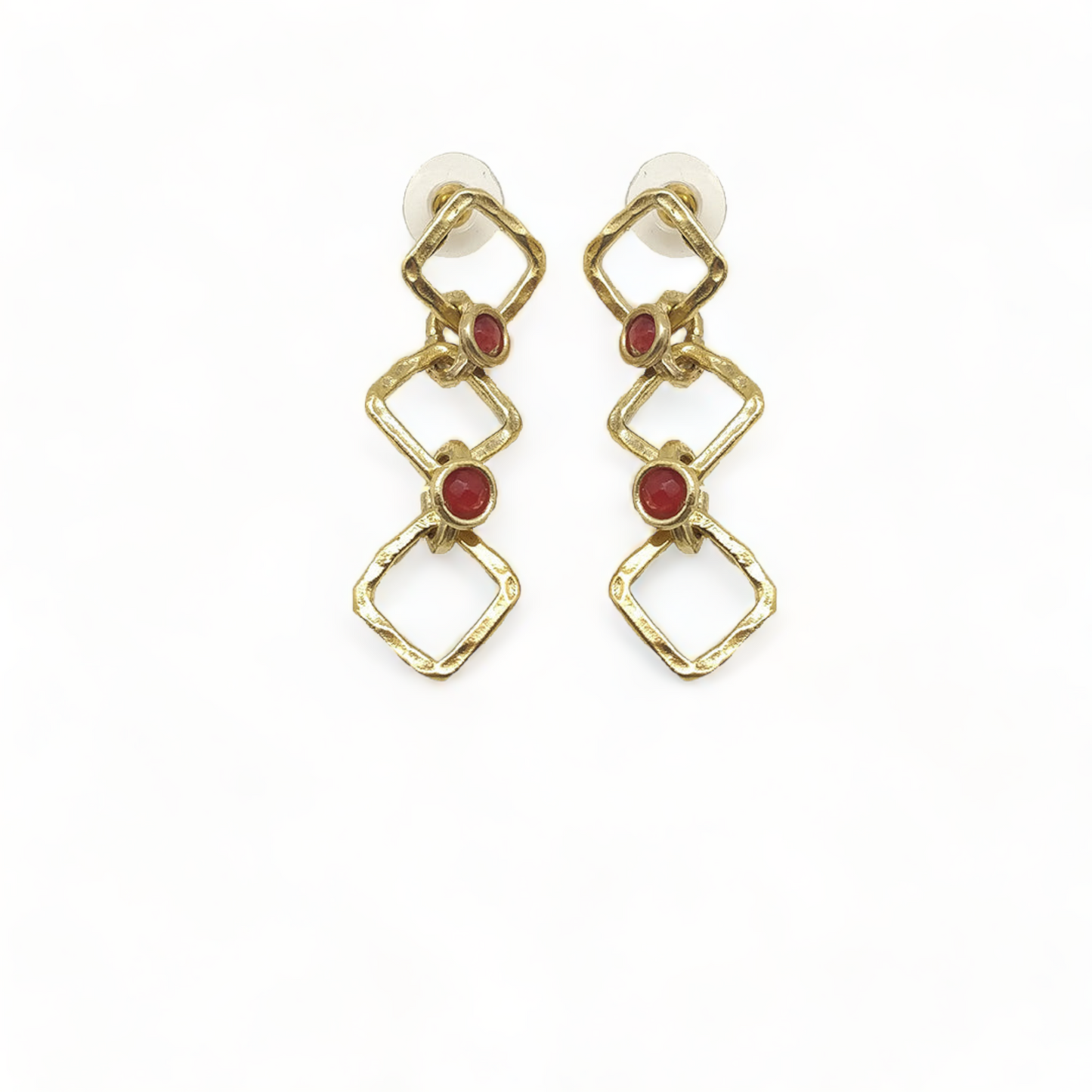 Triple Diamond Shape Gold-Plated Earrings | Red CZ Stone | Artisan Crafted Jewelry | Unique Drop Earrings - shopzeyzey