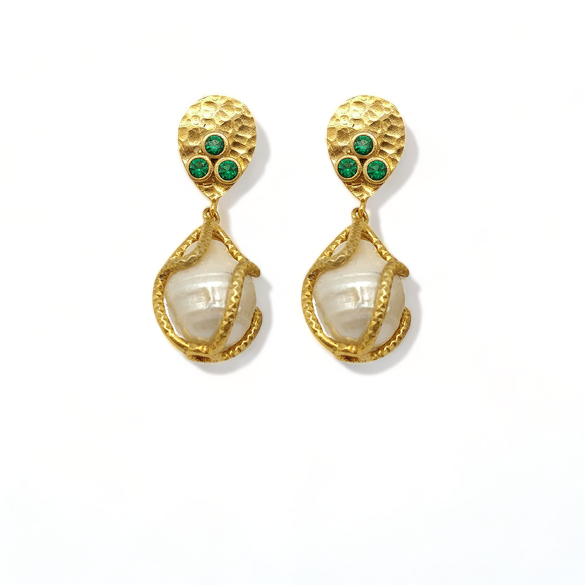 Emerald CZ & Pearl Earrings | Handmade Gold-Plated Jewelry - shopzeyzey