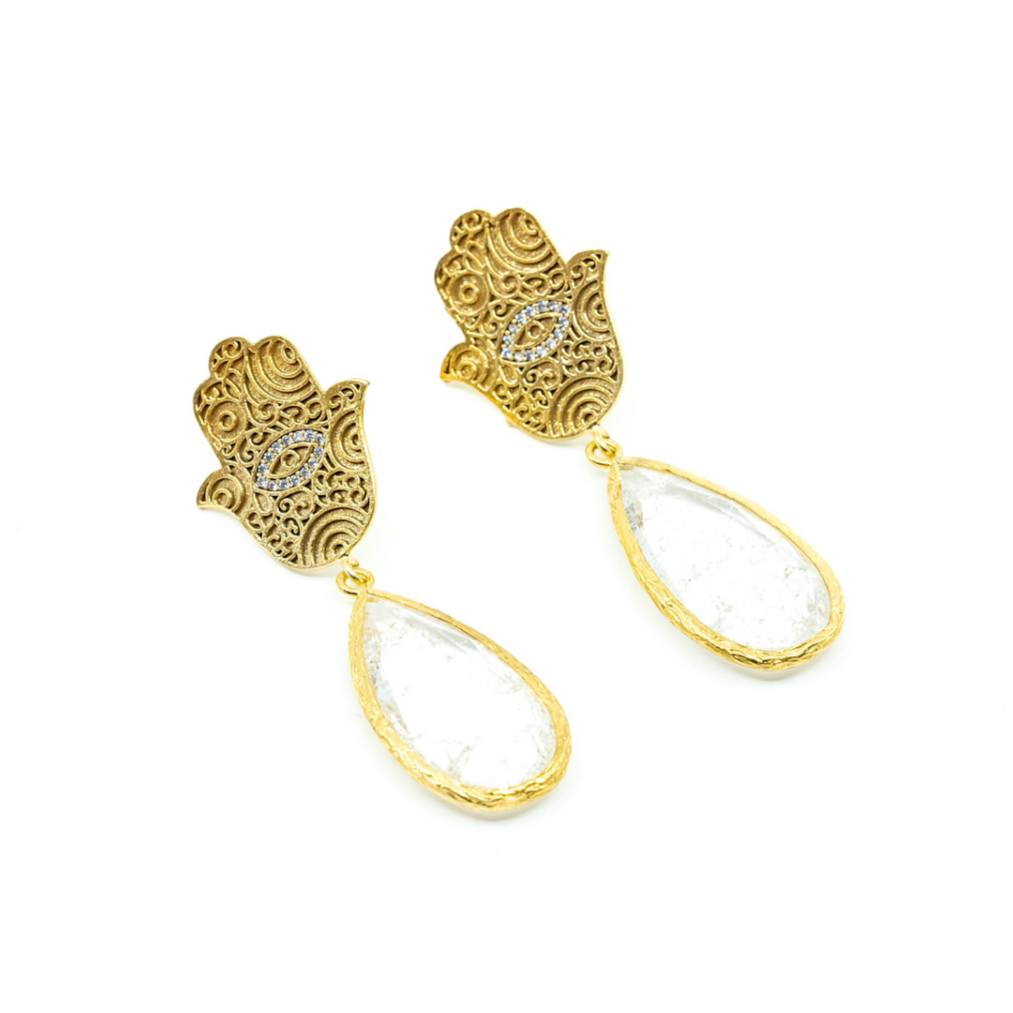 Hamza Earring with White Teardrop Stone in gold - shopzeyzey