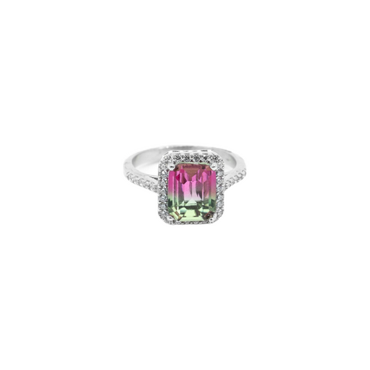 Watermelon Tourmaline Stone Ring with CZ Trim | Rhodium-Plated Sterling Silver | Sizes 6, 7, 8 | Tarnish-Resistant - shopzeyzey