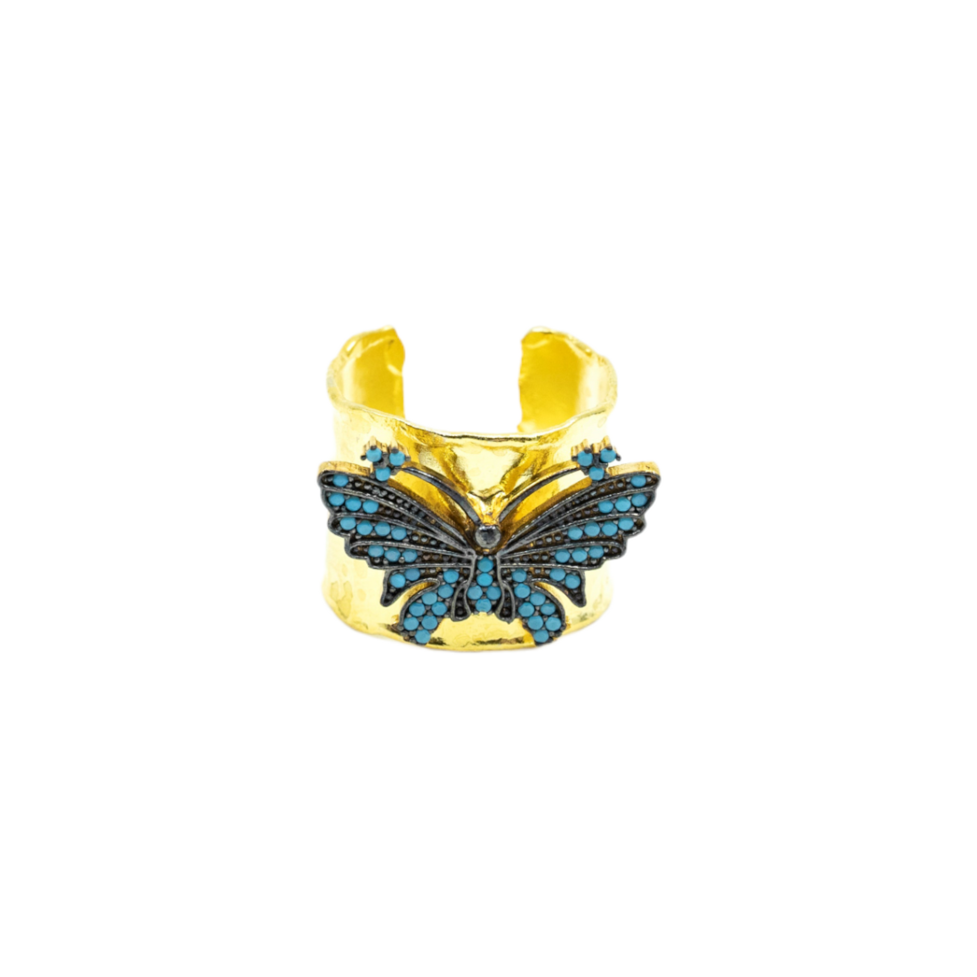 Wide Band Butterfly Ring With Blue CZ Diamonds - shopzeyzey