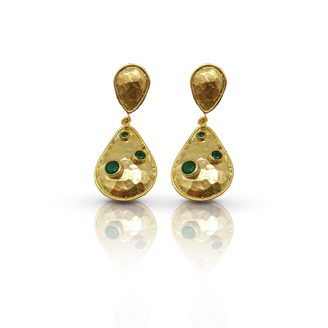 Gold-Plated Handmade Earrings with Emerald CZ Stones | Contemporary Double Drop Earrings | Elegant Modern Jewelry - shopzeyzey