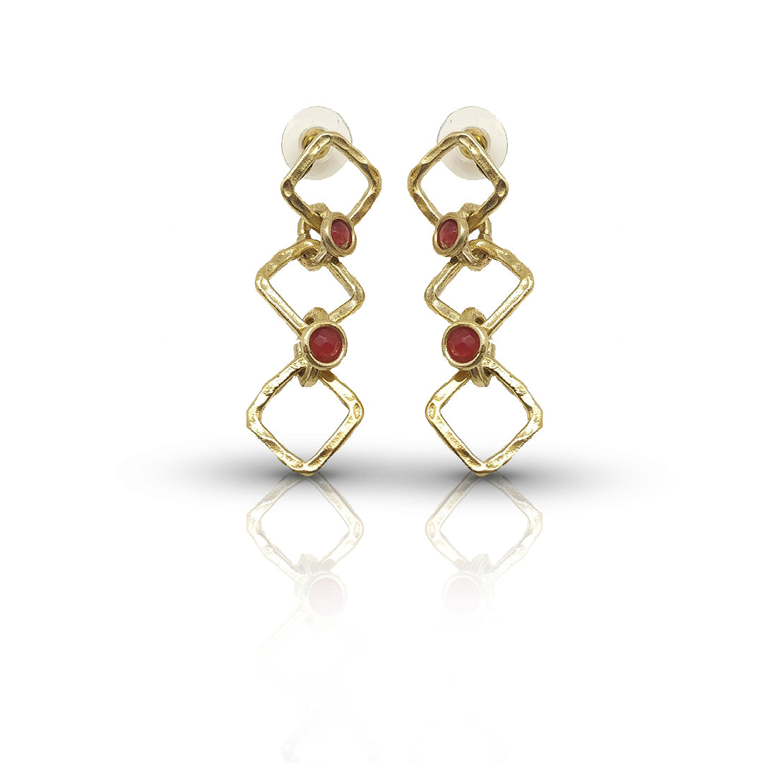 Triple Diamond Shape Gold-Plated Earrings | Red CZ Stone | Artisan Crafted Jewelry | Unique Drop Earrings - shopzeyzey