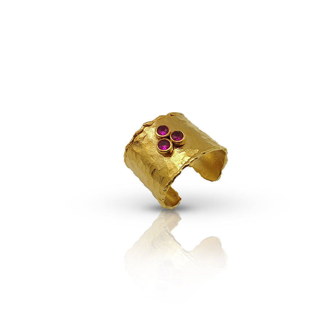 Gold-Plated Cuff Ring with Cherry CZ Stones | Adjustable Handmade Jewelry | Elegant Red Gemstone Ring - shopzeyzey