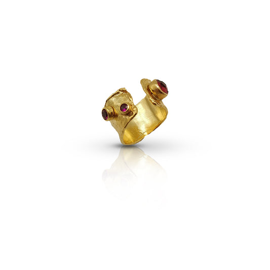 Contemporary Gold Plated Cuff Ring with Ruby CZ - Handmade Semi Precious Jewelry - shopzeyzey