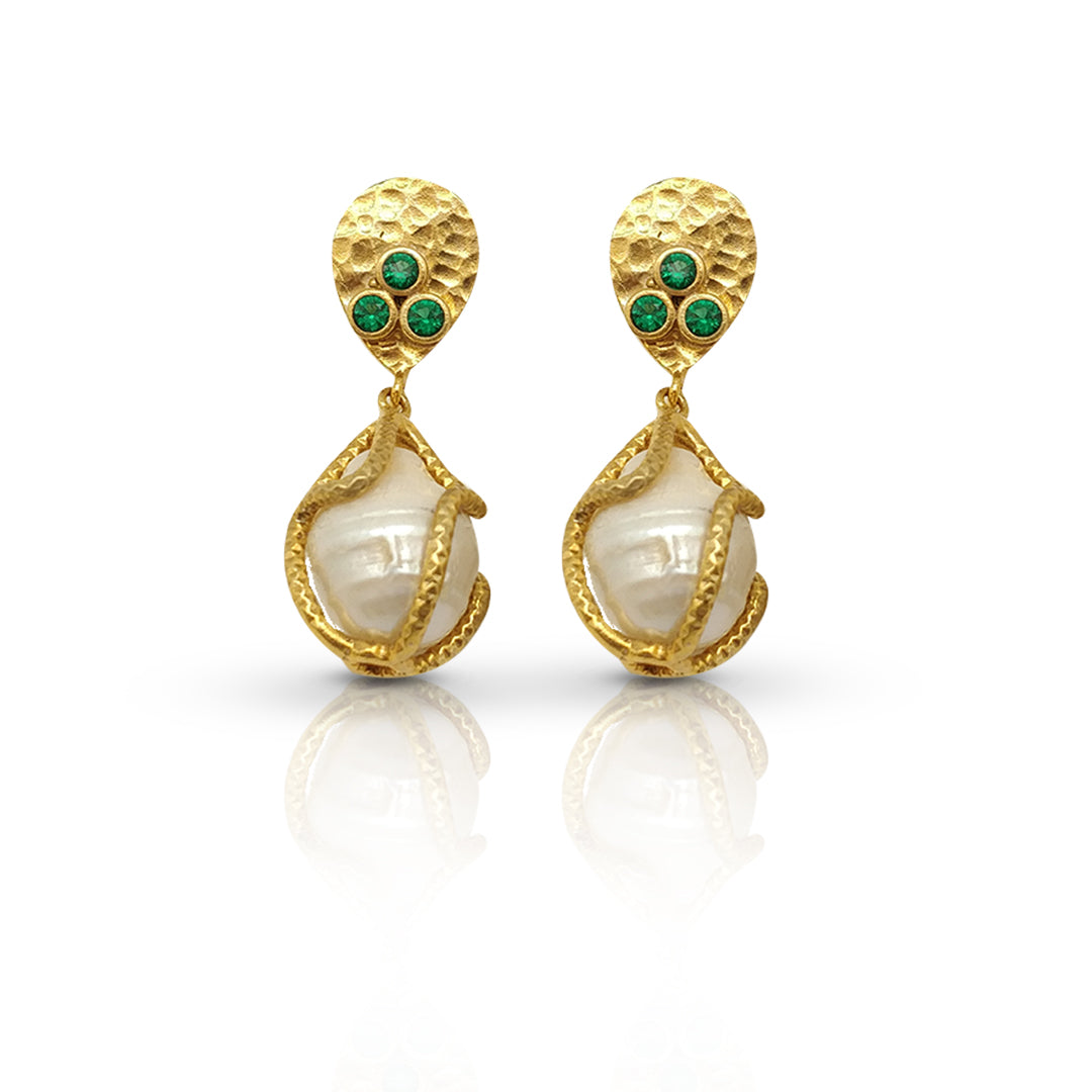 Emerald CZ & Pearl Earrings | Handmade Gold-Plated Jewelry - shopzeyzey