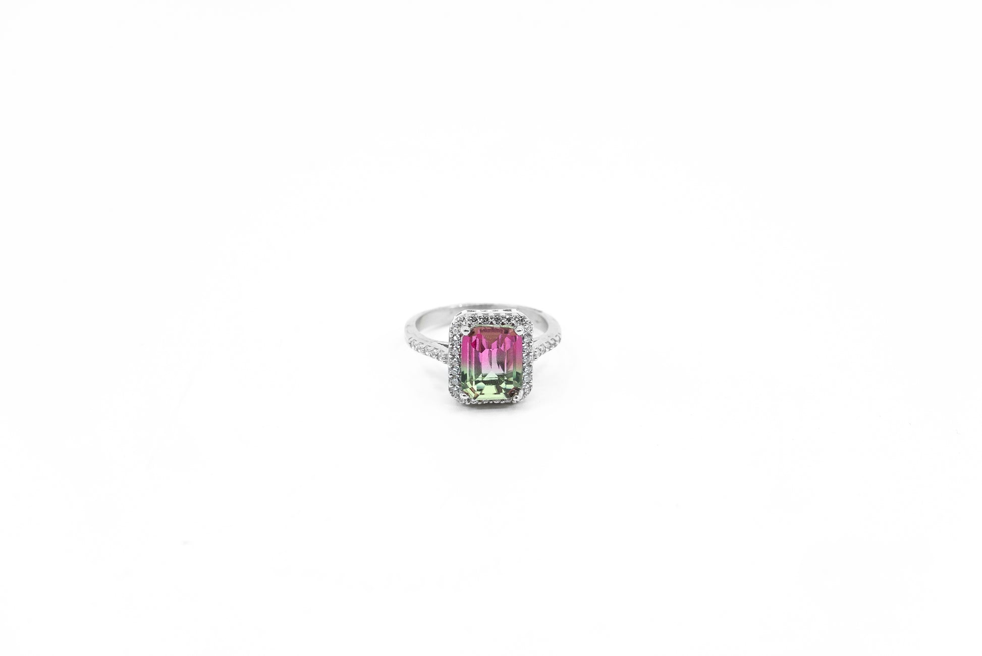 Watermelon Tourmaline Stone Ring with CZ Trim | Rhodium-Plated Sterling Silver | Sizes 6, 7, 8 | Tarnish-Resistant - shopzeyzey