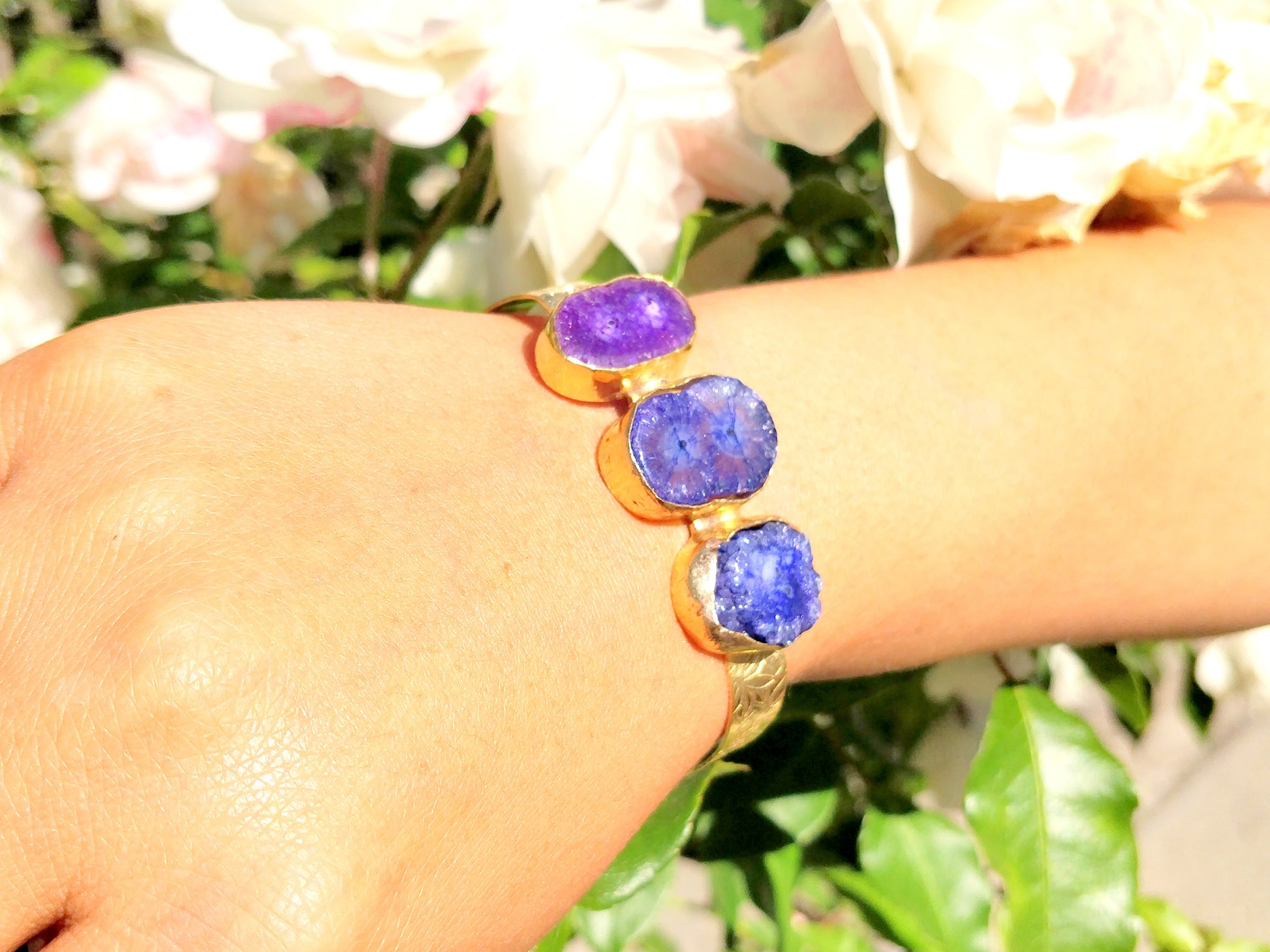 Purple Blue Triple Stone Gold Cuff - shopzeyzey