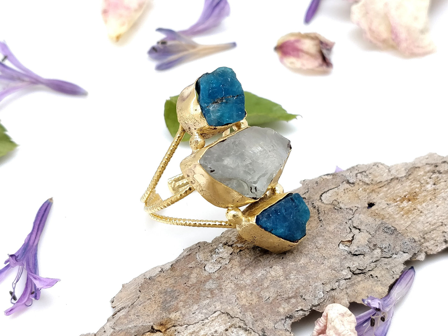 Rough Apatite and Quartz Triple Gold Ring | Adjustable | Natural Gemstone Jewelry | Tarnish-Resistant - shopzeyzey